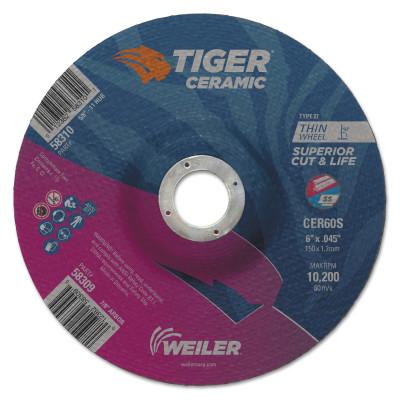 Weiler® Tiger Ceramic Cutting Wheels, 6 in Dia, 0.045 in Thick, 7/8 in Arbor, 24/bx, 58309