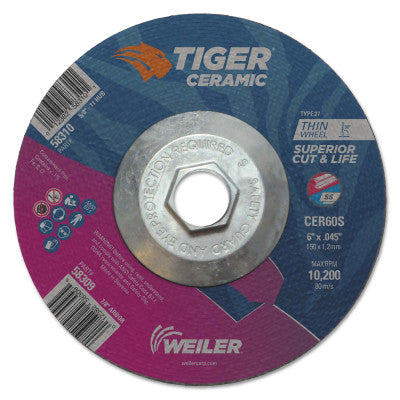 Weiler® Tiger Ceramic Cutting Wheels, 6" Dia., 0.045" Thick, 60 Grit, Ceramic Alumina, 58310