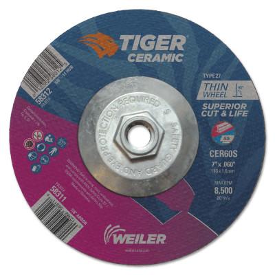 Weiler® Tiger Ceramic Cutting Wheels, 7 in Dia., 0.06 in Thick, 60 Grit, Ceramic Alumina, 58312