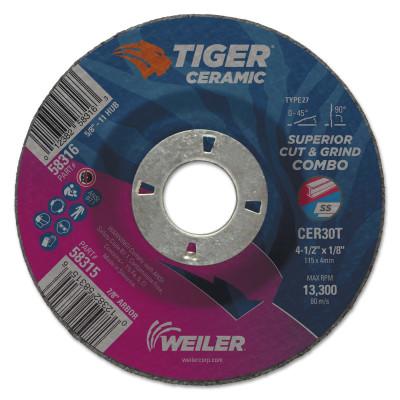 Weiler® Tiger Ceramic Combo Wheels, 4.5 in Dia, 1/8 in Thick, 7/8 in Arbor, 24/bx, 58315