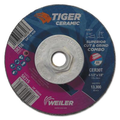 Weiler® Tiger Ceramic Combo Wheels, 4.5 in Dia, 1/8 in Thick, 5/8 in Arbor,10/bx, 58316