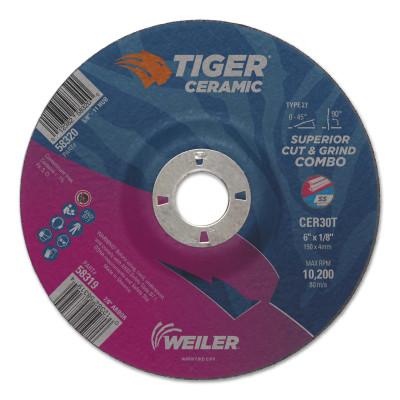 Weiler® Tiger Ceramic Combo Wheels, 6 in Dia., 1/8 in Thick, 7/8 in Arbor, 30 Grit, 58319