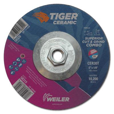 Weiler® Tiger Ceramic Combo Wheels, 6 in Dia., 1/8 in Thick, 30 Grit, Ceramic Alumina, 58320