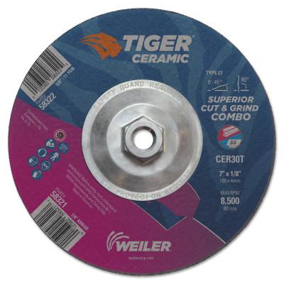 Weiler® Tiger Ceramic Combo Wheels, 7 in Dia., 1/8 in Thick, 30 Grit, Ceramic Alumina, 58322