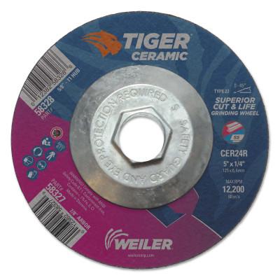 Weiler® Tiger Ceramic Grinding Wheels, 5 in Dia., 1/4 in Thick, 24 Grit, Ceramic Alumina, 58328