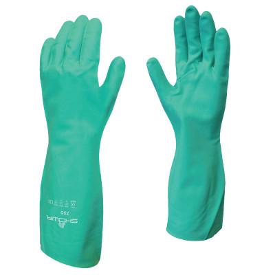 SHOWA® Flock-Lined Nitrile Disposable Gloves, Gauntlet Cuff, Size 7/Small, Green, 730-07