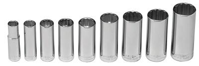 Wright Tool 9 Piece Deep Socket Set, 3/8-in; 7/16-in; 1/2-in; 9/16-in; 5/8-in; 11/16-in; 3/4-in; 13/16-in; 7/8-in, 300