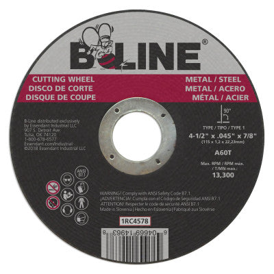 B-Line Cutting Wheel, 4-1/2 in dia, 0.045 in Thick, 7/8 in Arbor, 60 Grit, Alum Oxide, 1RC4578