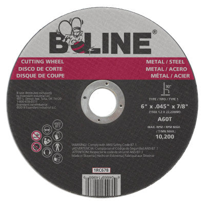B-Line Cutting Wheel, 6 in dia, 0.045 in Thick, 7/8 in Arbor, 60 Grit, Alum Oxide, 1RC678