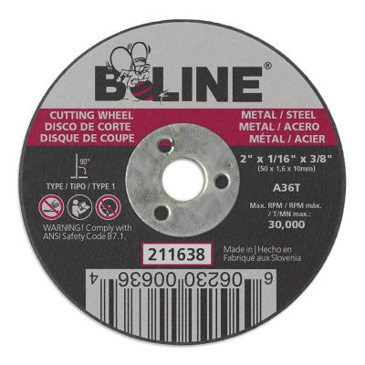 B-Line Cutting Wheel, 2 in dia, 1/16 in Thick, 3/8 in Arbor, 36 Grit, Alum Oxide, 211638