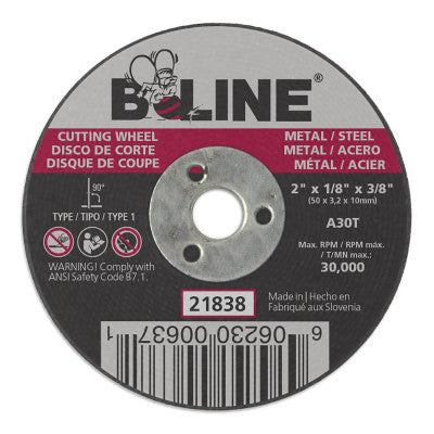 B-Line Cutting Wheel, 2 in dia, 1/8 in Thick, 3/8 in Arbor, 30 Grit, Alum Oxide, 21838