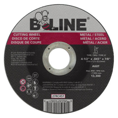 B-Line Depressed Ctr Cutting Wheel, 4-1/2 in dia, 0.045 in Thick, 7/8 in Arbor, 60 Grit, 27RC457