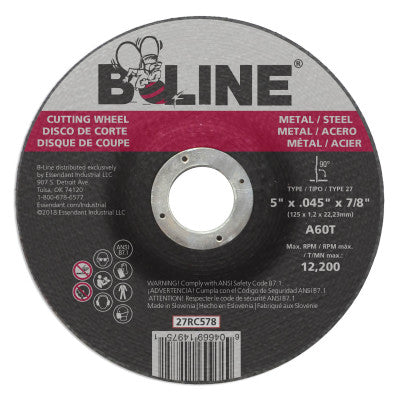 B-Line Depressed Ctr Cutting Wheel, 5 in dia, 0.045 in Thick, 7/8 in Arbor, 60 Grit, 27RC578