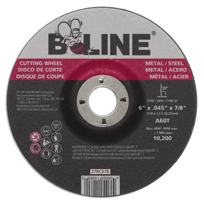 B-Line Depressed Ctr Cutting Wheel, 6 in dia, 0.045 in Thick, 7/8 in Arbor, 60 Grit, 27RC678