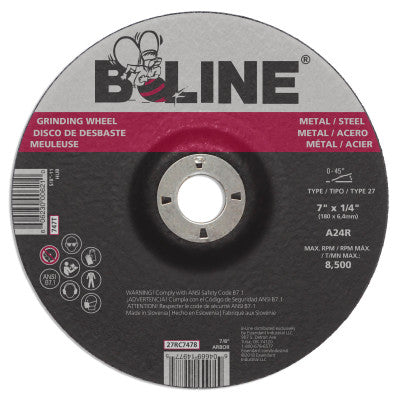 B-Line Depressed Ctr Grinding Wheel, 7 in dia, 1/4 in Thick, 7/8 in Arbor, 24 Grit, 27RC7478