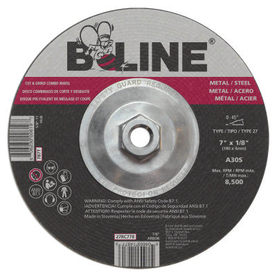 B-Line Depressed Ctr Combo Wheel, 7 in dia, 1/8 in Thick, 7/8 in Arbor, 30 Grit, 27RC778