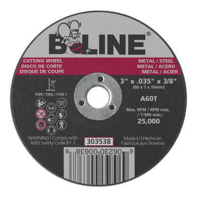 B-Line Cutting Wheel, 3 in dia, 0.035 in Thick, 3/8 in Arbor, 60 Grit, Alum Oxide, 303538