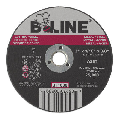 B-Line Cutting Wheel, 3 in dia, 1/16 in Thick, 3/8 in Arbor, 36 Grit, Alum Oxide, 311638