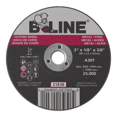 B-Line Cutting Wheel, 3 in dia, 1/8 in Thick, 3/8 in Arbor, 30 Grit, Alum Oxide, 31838