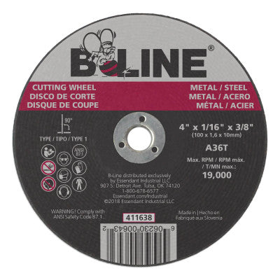 B-Line Cutting Wheel, 4 in dia, 1/16 in Thick, 3/8 in Arbor, 36 Grit, Alum Oxide, 411638