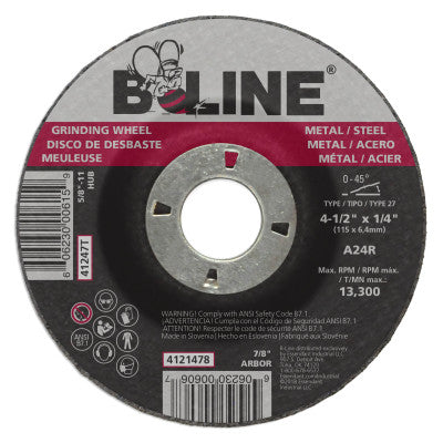 B-Line Depressed Ctr Grinding Wheel, 4-1/2 in dia, 1/4 in Thick, 7/8 in Arbor, 24 Grit, 4121478
