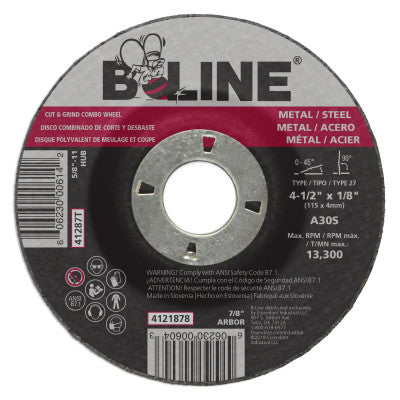 B-Line Depressed Ctr Combo Wheel, 4-1/2 in dia, 1/8 in Thick, 7/8 in Arbor, 30 Grit, 4121878