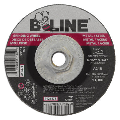 B-Line Depressed Center Grinding Wheel, 4-1/2 in dia, 5/8 in-11 Arbor, 1/4 in Thick, 24 Grit, Aluminum Oxide, 41247T
