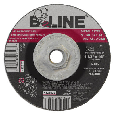 B-Line Depressed Center Combo Wheel, 4-1/2 in dia, 1/8 in Thick, 5/8 in-11 Arbor, 30 Grit, Aluminum Oxide, 41287T