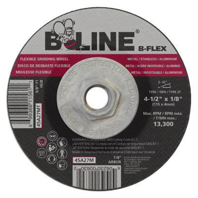 B-Line Flexible Depressed Center Wheel, 4-1/2 in dia, 1/8 in Thick, 5/8 in-11 Arbor, 46 Grit, Aluminum Oxide, 45A27MT