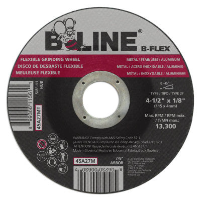 B-Line Flexible Depressed Center Wheel, 4-1/2 in dia, 7/8 in Arbor, 1/8 in Thick, 30 Grit, Aluminum Oxide, 45A27M