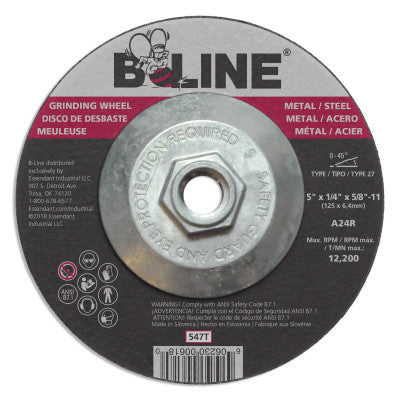 B-Line Depressed Center Grinding Wheel, 5 in dia, 1/4 in Thick, 5/8 in-11 Arbor, 24 Grit, Aluminum Oxide, 547T