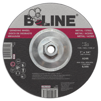 B-Line Depressed Center Grinding Wheel, 7 in dia, 1/4 in Thick, 5/8 in-11 Arbor, 24 Grit, 747T