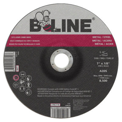 B-Line Depressed Center Combo Wheel, 7 in dia, 1/8 in Thick, 5/8 in-11 Arbor, 30 Grit, 787T