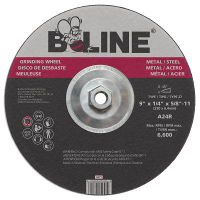B-Line Depressed Ctr Grinding Wheel, 9 in dia, 1/4 in Thick, 5/8 in-11 Arbor, 30 Grit, 947T