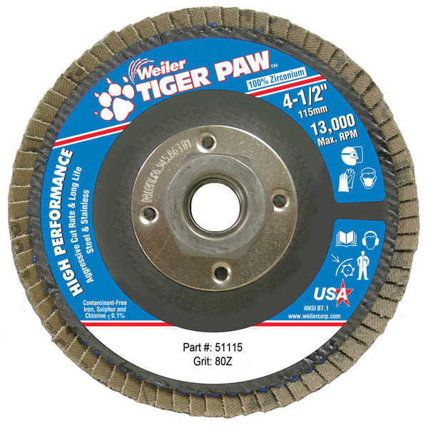 Weiler Tiger Paw Coated 4-1/2" Abrasive Flap Discs - AMMC